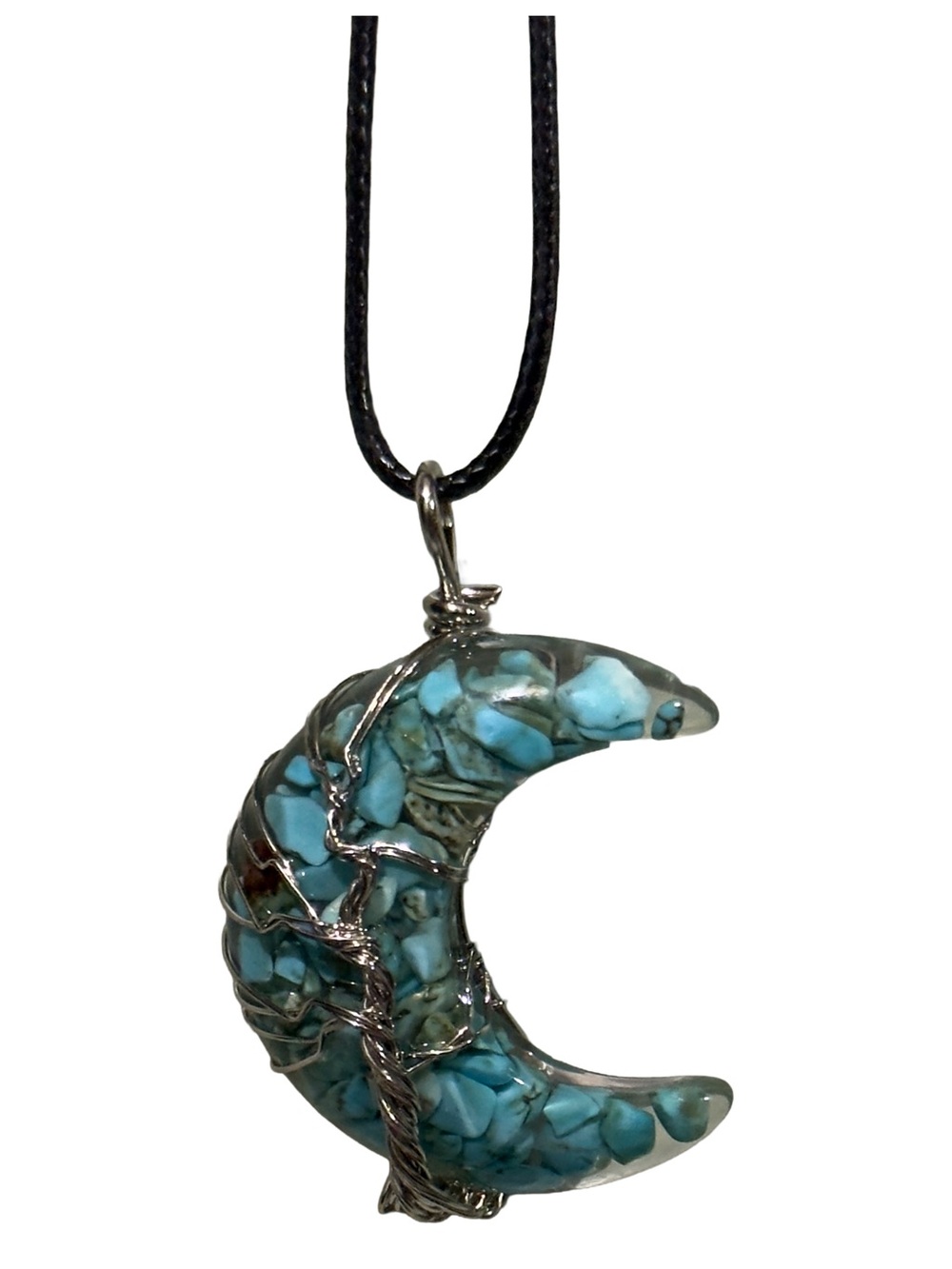 New Turquoise Chip Resin Crescent Moon Pendant Necklace